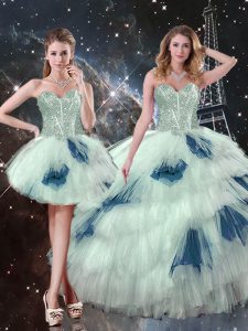 Fantastic Floor Length Three Pieces Sleeveless Blue And White Sweet 16 Dress Lace Up