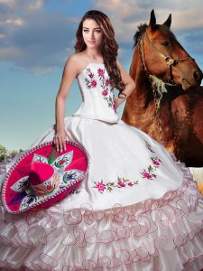 White Sleeveless Embroidery and Ruffled Layers Floor Length Quinceanera Dresses