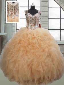 Champagne Organza Lace Up Sweetheart Sleeveless Floor Length Quinceanera Dress Beading and Ruffles