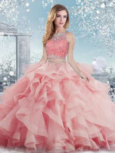 Nice Beading and Ruffles Sweet 16 Quinceanera Dress Baby Pink Clasp Handle Sleeveless Floor Length