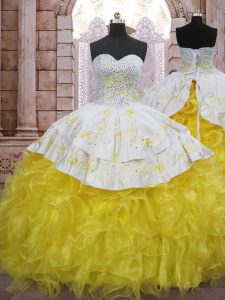Elegant Yellow And White Ball Gowns Sweetheart Sleeveless Organza Brush Train Lace Up Beading and Appliques and Ruffles Sweet 16 Dress