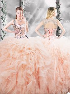 Wonderful Straps Sleeveless Quince Ball Gowns Floor Length Beading and Ruffles Peach Tulle