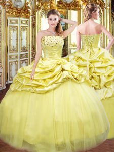 Pretty Gold Strapless Lace Up Beading and Pick Ups Vestidos de Quinceanera Sleeveless