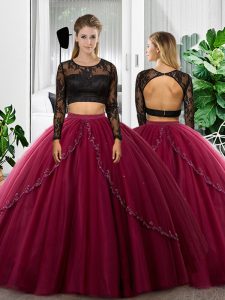 Floor Length Fuchsia Ball Gown Prom Dress Tulle Long Sleeves Lace and Ruching
