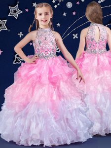 Latest Halter Top Floor Length Zipper Kids Pageant Dress White and Pink And White for Quinceanera and Wedding Party with Beading and Ruffles