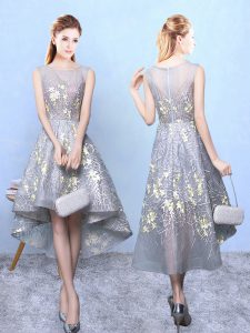 Grey Quinceanera Court of Honor Dress Prom and Party and Wedding Party with Pattern Scoop Sleeveless Zipper