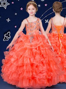 Fashionable Orange Organza Lace Up Little Girl Pageant Gowns Sleeveless Floor Length Beading and Ruffled Layers