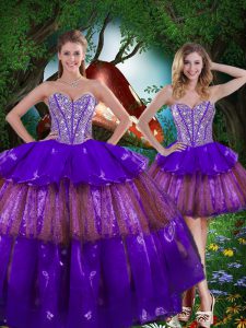 Noble Sweetheart Sleeveless Organza Quinceanera Gown Beading and Ruffled Layers and Sequins Lace Up