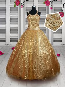 Pretty Sequins Straps Sleeveless Lace Up Kids Pageant Dress Gold Tulle