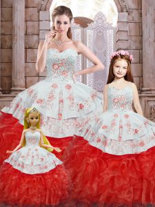 Floor Length White And Red 15th Birthday Dress Organza Sleeveless Beading and Appliques and Ruffles