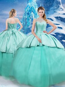Captivating Turquoise Sleeveless Tulle Brush Train Lace Up Quinceanera Gown for Military Ball and Sweet 16 and Quinceanera
