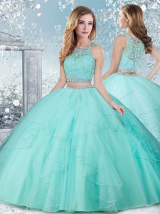 Scoop Sleeveless Sweet 16 Dresses Floor Length Beading Aqua Blue Tulle