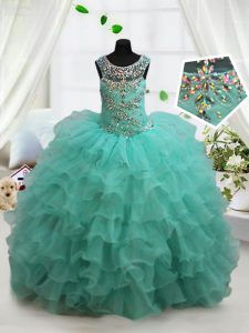 Scoop Floor Length Lace Up Kids Pageant Dress Turquoise for Quinceanera and Wedding Party with Beading and Ruffled Layers
