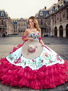 Hot Pink Organza Lace Up Sweetheart Sleeveless Floor Length Sweet 16 Dress Embroidery and Ruffled Layers