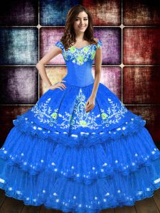 Blue Quinceanera Dress Military Ball and Sweet 16 and Quinceanera with Embroidery and Ruffled Layers Off The Shoulder Sleeveless Lace Up