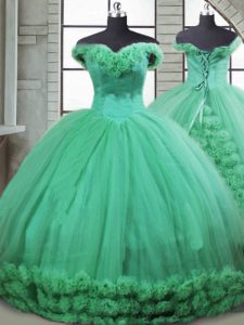 Spectacular Turquoise Lace Up Off The Shoulder Hand Made Flower Quinceanera Dress Fabric With Rolling Flowers Sleeveless Brush Train