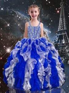 Stunning Blue Ball Gowns Organza Straps Sleeveless Beading and Ruffles Floor Length Lace Up Child Pageant Dress
