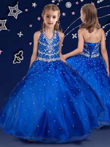 Royal Blue Halter Top Neckline Beading Child Pageant Dress Sleeveless Lace Up