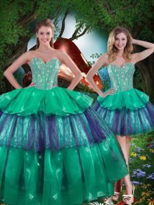 Turquoise Sweetheart Lace Up Beading and Ruffled Layers Ball Gown Prom Dress Sleeveless