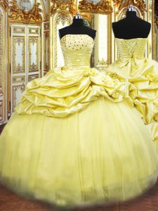Sleeveless Floor Length Beading and Pick Ups Lace Up Quinceanera Dresses with Gold
