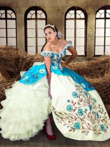 Artistic Multi-color Sleeveless Floor Length Embroidery and Ruffled Layers Lace Up Quinceanera Gowns