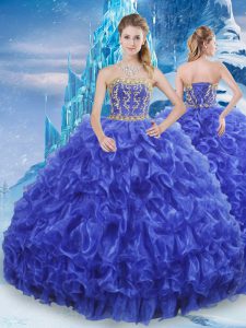 Gorgeous Ball Gowns Quinceanera Dress Royal Blue Strapless Organza Sleeveless Floor Length Lace Up
