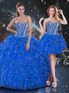 Customized Blue Lace Up Sweetheart Beading and Ruffles Sweet 16 Quinceanera Dress Organza Sleeveless
