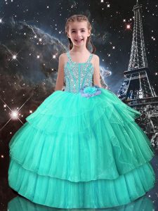 Trendy Turquoise Straps Neckline Beading Girls Pageant Dresses Sleeveless Lace Up