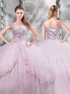 Lilac Tulle Side Zipper Vestidos de Quinceanera Cap Sleeves Brush Train Beading and Appliques