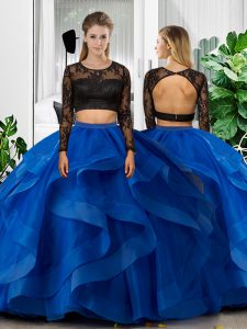 Blue Two Pieces Tulle Scoop Long Sleeves Lace and Ruffles Floor Length Backless Sweet 16 Quinceanera Dress