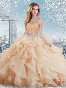 Flare Peach Clasp Handle Scoop Beading and Ruffles 15 Quinceanera Dress Organza Sleeveless