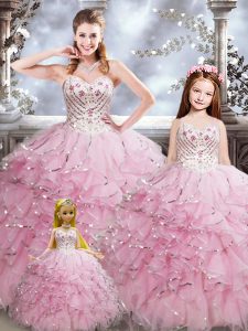 Baby Pink Ball Gowns Organza Sweetheart Sleeveless Beading and Ruffles Floor Length Lace Up Ball Gown Prom Dress