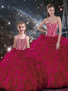 Burgundy Ball Gowns Sweetheart Sleeveless Organza Floor Length Lace Up Beading and Ruffles Ball Gown Prom Dress