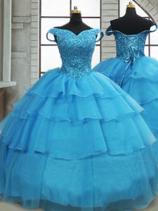 Eye-catching Lace Up Ball Gown Prom Dress Baby Blue for Military Ball and Sweet 16 and Quinceanera with Beading and Ruffled Layers Brush Train