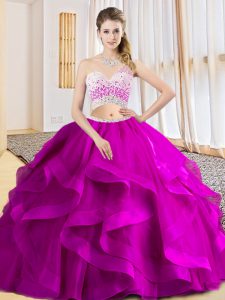 Latest Sleeveless Floor Length Beading and Ruffles Criss Cross Quinceanera Gowns with Fuchsia