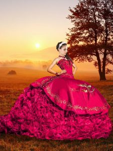 Modest Red Lace Up Vestidos de Quinceanera Embroidery and Ruffles Sleeveless Brush Train