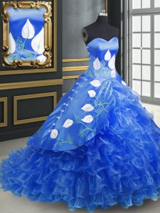 Sleeveless Embroidery and Ruffles Lace Up Quinceanera Gown with Blue Brush Train