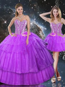 Elegant Purple Organza Lace Up Quince Ball Gowns Sleeveless Floor Length Ruffled Layers