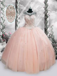 Floor Length Ball Gowns Sleeveless Pink Ball Gown Prom Dress Lace Up