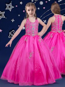 Dazzling Scoop Floor Length Ball Gowns Sleeveless Fuchsia Pageant Gowns For Girls Zipper