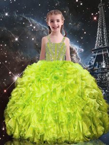 Nice Yellow Green Pageant Gowns For Girls Quinceanera and Wedding Party with Beading and Ruffles Straps Sleeveless Lace Up