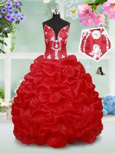 Adorable Sleeveless Beading and Pick Ups and Hand Made Flower Lace Up Kids Formal Wear