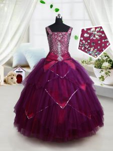 Popular Square Sleeveless Lace Up Floor Length Beading and Ruffles and Belt Kids Formal Wear