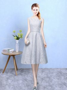 Artistic Grey Sleeveless Lace Zipper Dama Dress for Quinceanera for Wedding Party