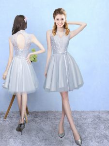 Silver Sleeveless Lace Knee Length Damas Dress