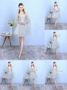 Fashion V-neck Sleeveless Court Dresses for Sweet 16 Knee Length Lace Silver Tulle