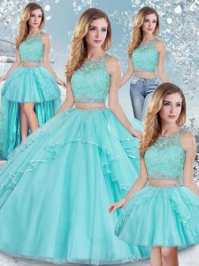 Elegant Scoop Sleeveless Quinceanera Gowns Floor Length Lace and Sequins Aqua Blue Tulle