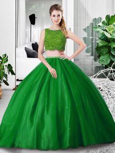Fashionable Green Sleeveless Floor Length Lace and Ruching Zipper Sweet 16 Dress