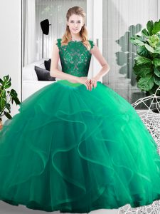 Turquoise Ball Gown Prom Dress Military Ball and Sweet 16 and Quinceanera with Lace and Ruffles Scoop Sleeveless Zipper