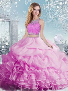 Pretty Sleeveless Floor Length Beading and Ruffles and Pick Ups Clasp Handle Quinceanera Gowns with Lilac